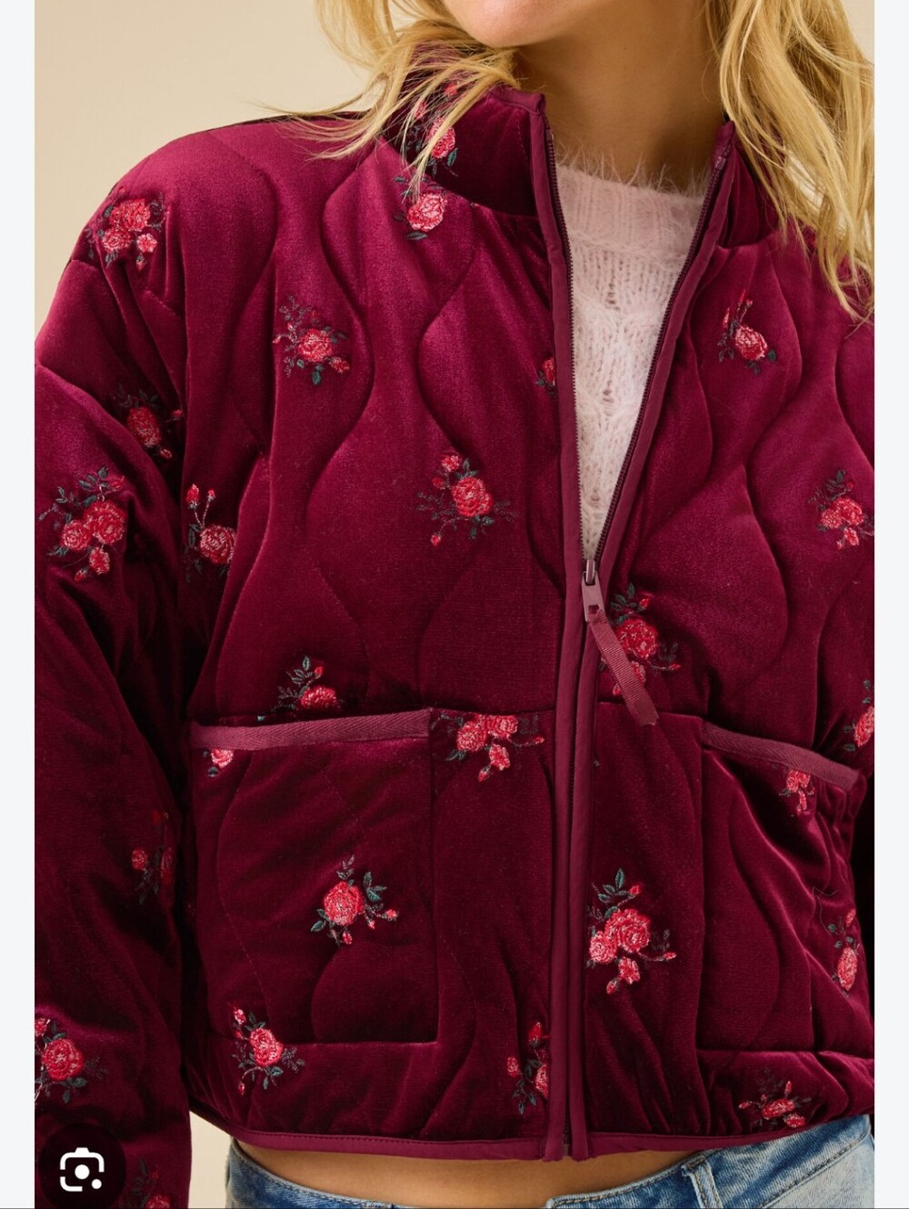 Altar'd State Burgundy Velvet Quilted Floral Jacket